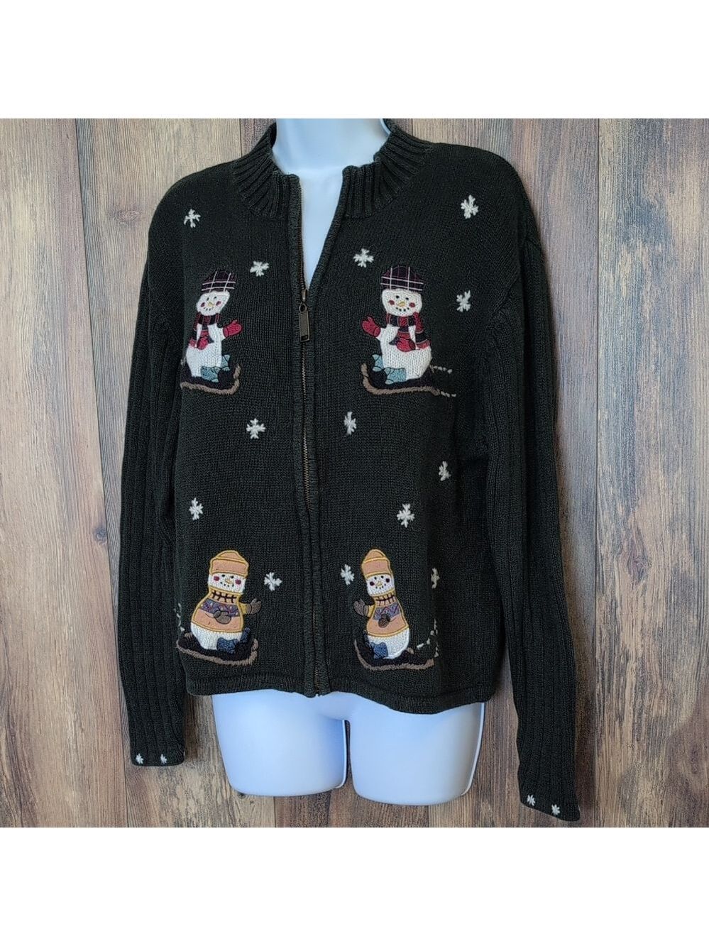 Christopher & Banks Green Hand Embroidered Snowman Full Zip Cardigan L   1028F